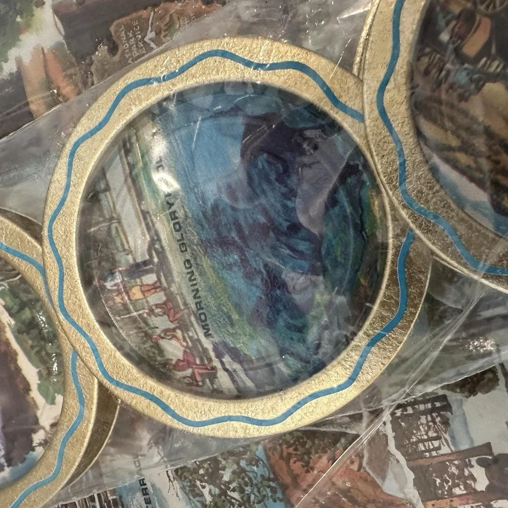 Vtg Yellowstone National Park Old Faithful Souvenir Tray & 6 Coasters NOS